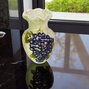 Tabletops CABERNET Rippled Hand Painted Purple Grapes 8"T Stoneware Flower Vase